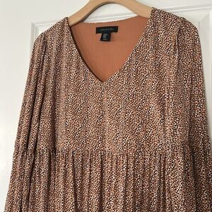 Tahari Tiered Ruffled Babydoll Dress w Bishop Sleeves Rust w Polka Dots XS